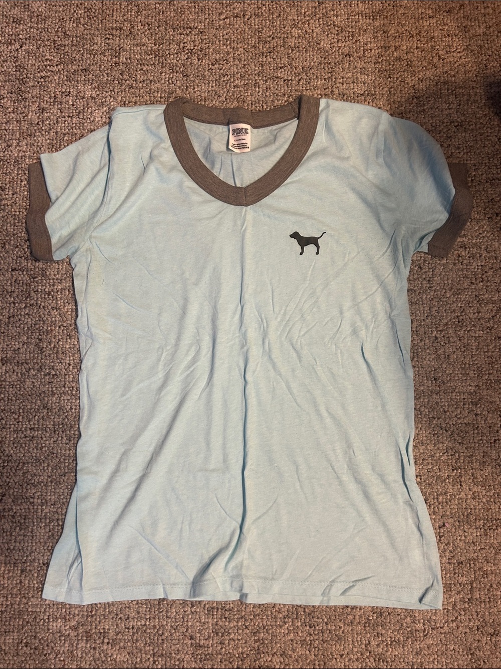 PINK Victoria's Secret Light Blue Tee with Gray Ringer and Dog Silhouette